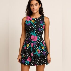 Vintage Style My Way Floral Polka Dot Dress Tiered Ruffle Skirt Made in USA Sz 9